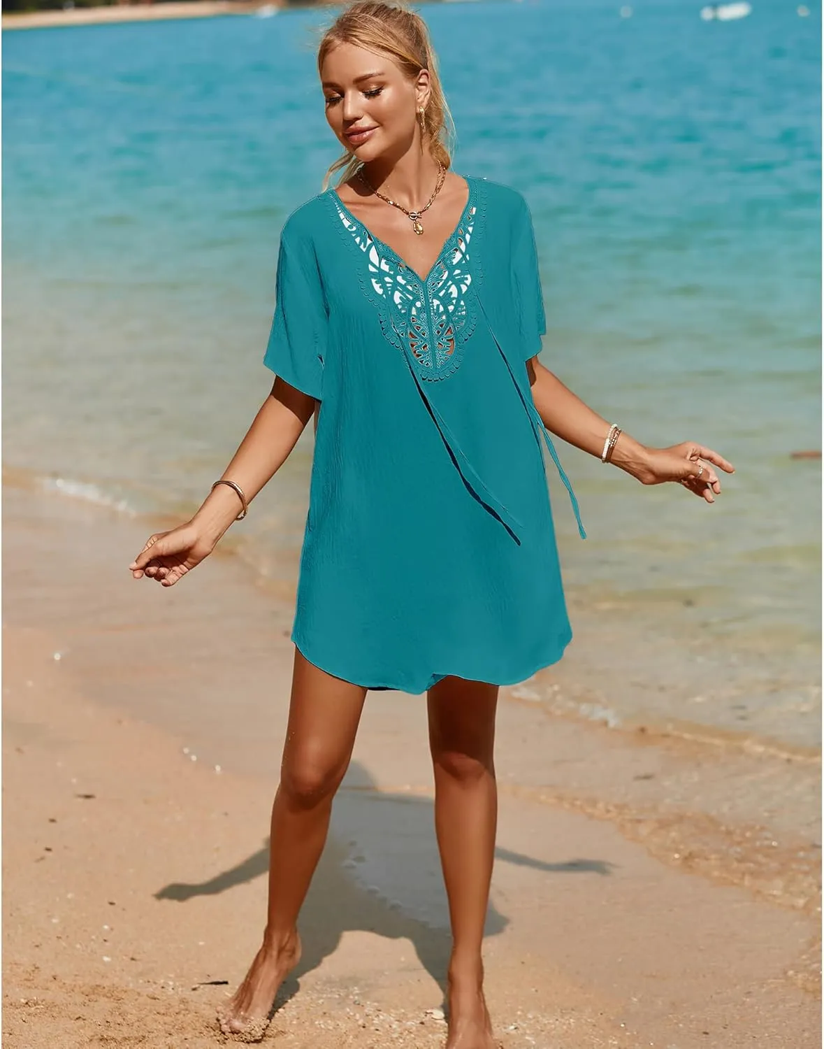 SimpleFun Womens Swimsuit Coverup Lace Crochet V Neck Bathing Suit Cover Up Dress Beach Cover Ups for Swimwear