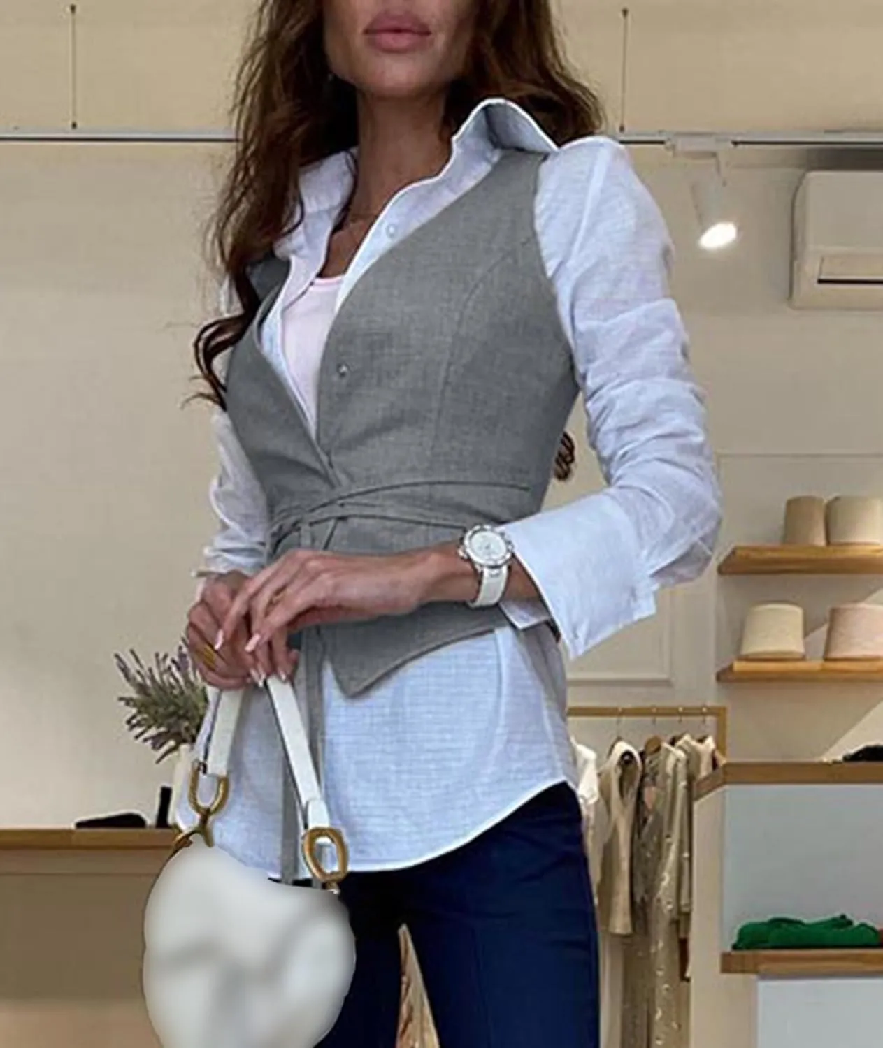 SOMTHRON Women's Sleeveless V Neck Blazer Vest Lace Up Button Down Suit Jacket Waistcoat Business Casual Tops