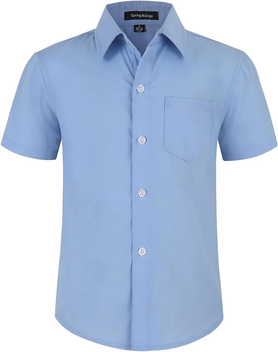 Spring&Gege Boys' Short Sleeve Dress Shirts Formal Uniform Poplin Solid