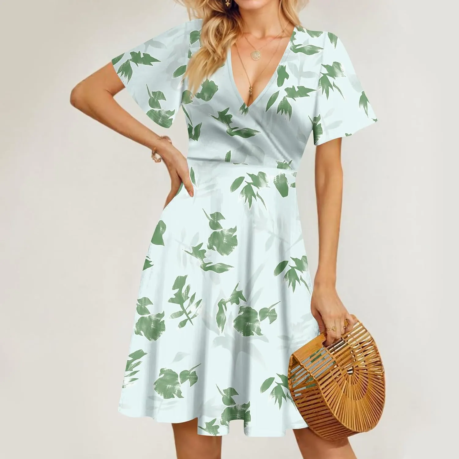Summer Dresses for Women 2025 Midi Floral Print Classy Deep V Neck Fashion Short Sleeve Knee Length Dress