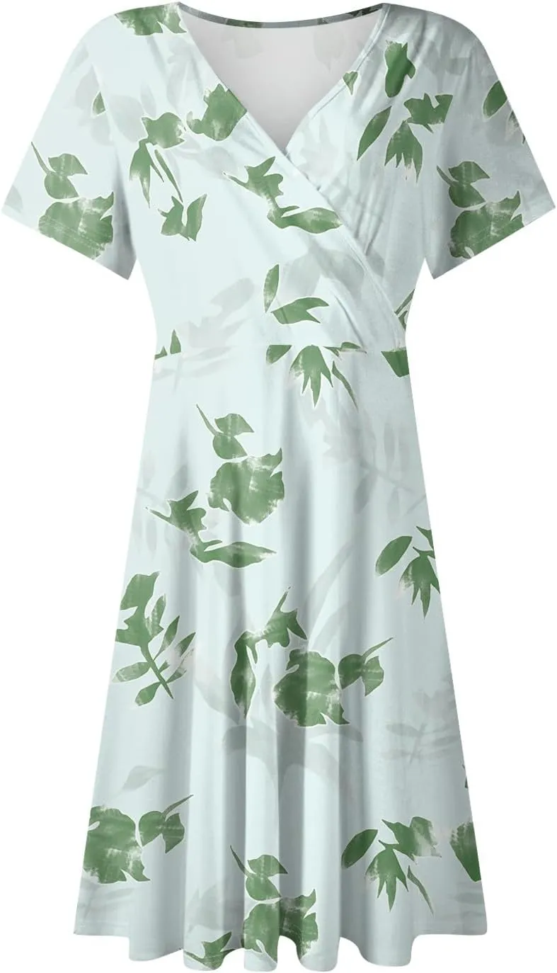 Summer Dresses for Women 2025 Midi Floral Print Classy Deep V Neck Fashion Short Sleeve Knee Length Dress
