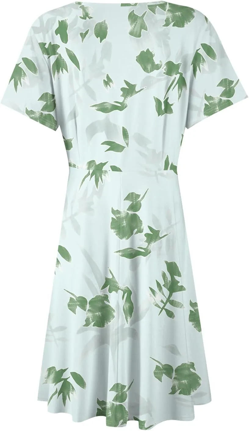 Summer Dresses for Women 2025 Midi Floral Print Classy Deep V Neck Fashion Short Sleeve Knee Length Dress