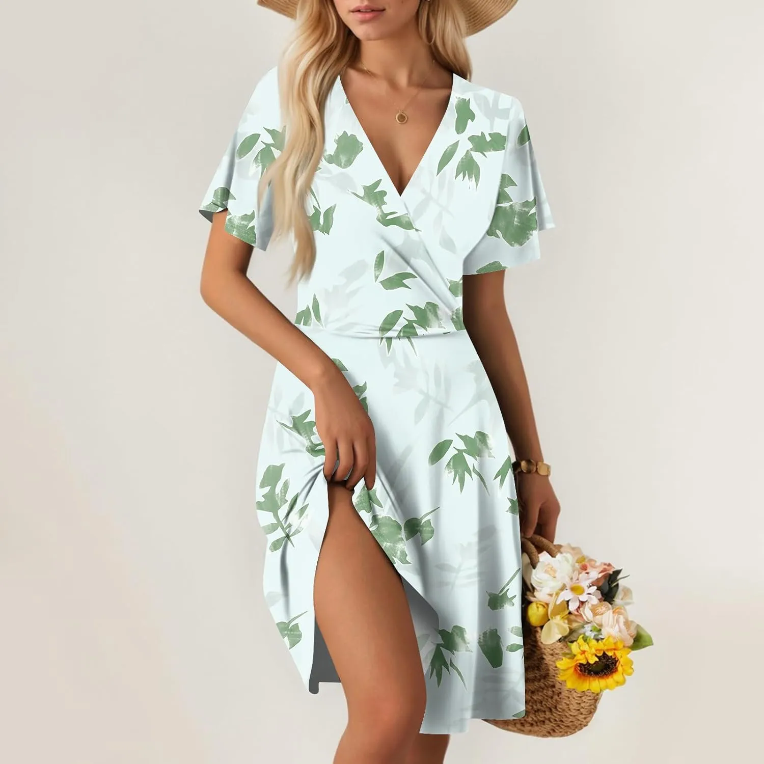 Summer Dresses for Women 2025 Midi Floral Print Classy Deep V Neck Fashion Short Sleeve Knee Length Dress