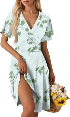 Summer Dresses for Women 2025 Midi Floral Print Classy Deep V Neck Fashion Short Sleeve Knee Length Dress