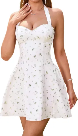 Summer Floral Mini Dress for Women Halter Tie Flowy Corset Sundress Short Vacation Dresses