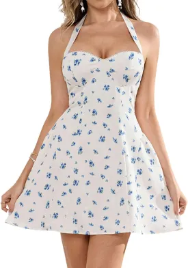 Summer Floral Mini Dress for Women Halter Tie Flowy Corset Sundress Short Vacation Dresses
