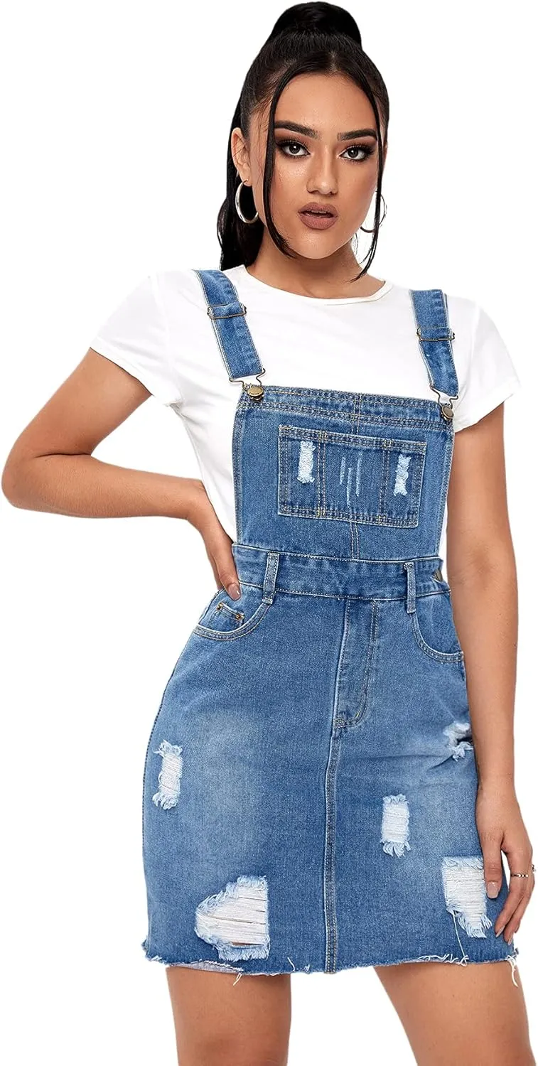 SweatyRocks Women's Distressed Adjustable Strap Denim Overall Dress