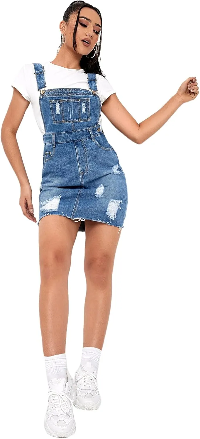 SweatyRocks Women's Distressed Adjustable Strap Denim Overall Dress