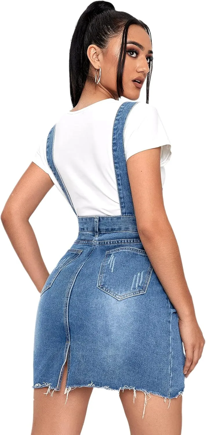 SweatyRocks Women's Distressed Adjustable Strap Denim Overall Dress