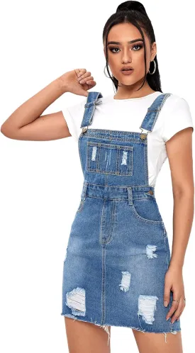 SweatyRocks Women's Distressed Adjustable Strap Denim Overall Dress