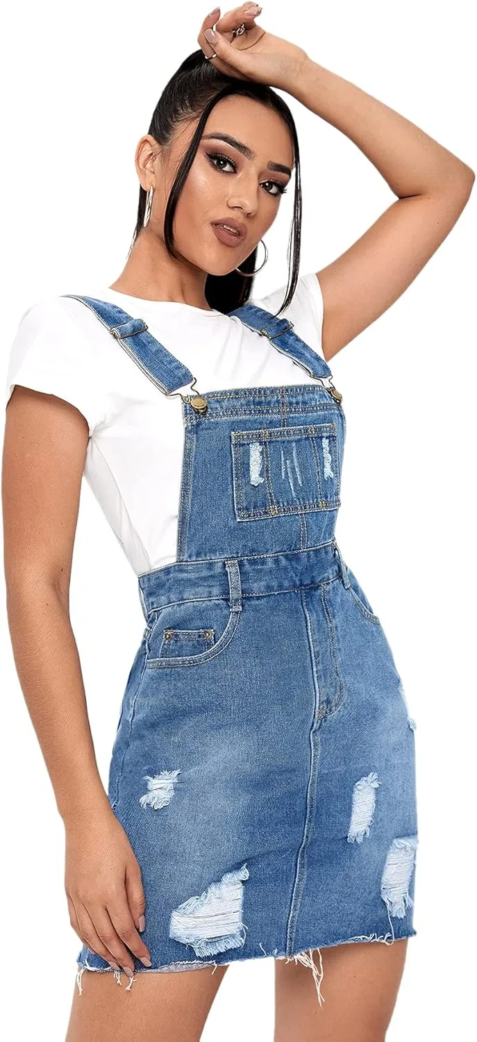 SweatyRocks Women's Distressed Adjustable Strap Denim Overall Dress