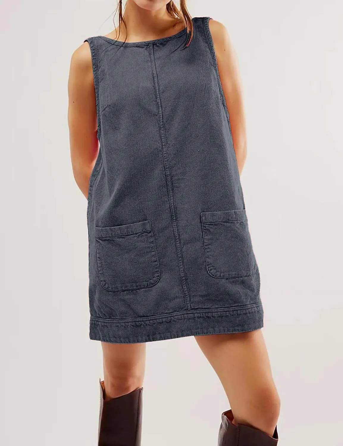 TBA Corduroy Overall Dress for Women Round Neck Skirtall Jumper A Line Mini Romper Pinafore with Pockets