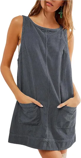 TBA Corduroy Overall Dress for Women Round Neck Skirtall Jumper A Line Mini Romper Pinafore with Pockets