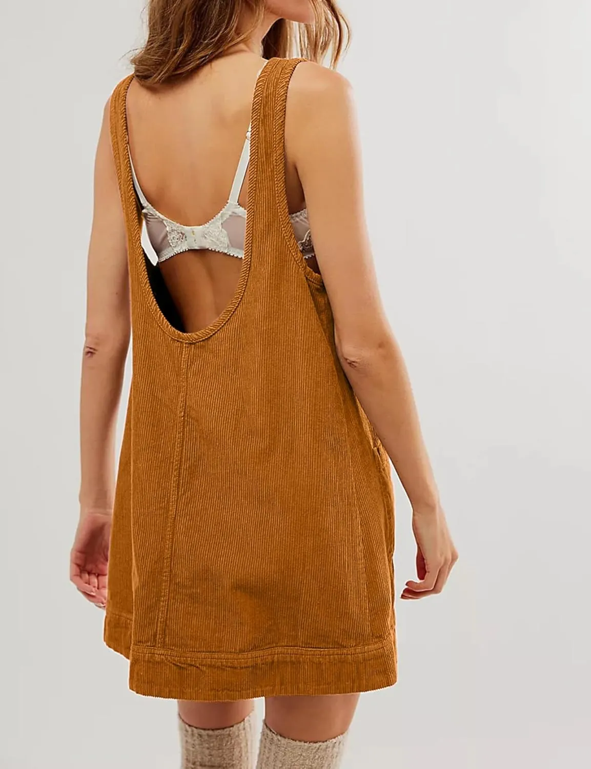 TBA Corduroy Overall Dress for Women Round Neck Skirtall Jumper A Line Mini Romper Pinafore with Pockets