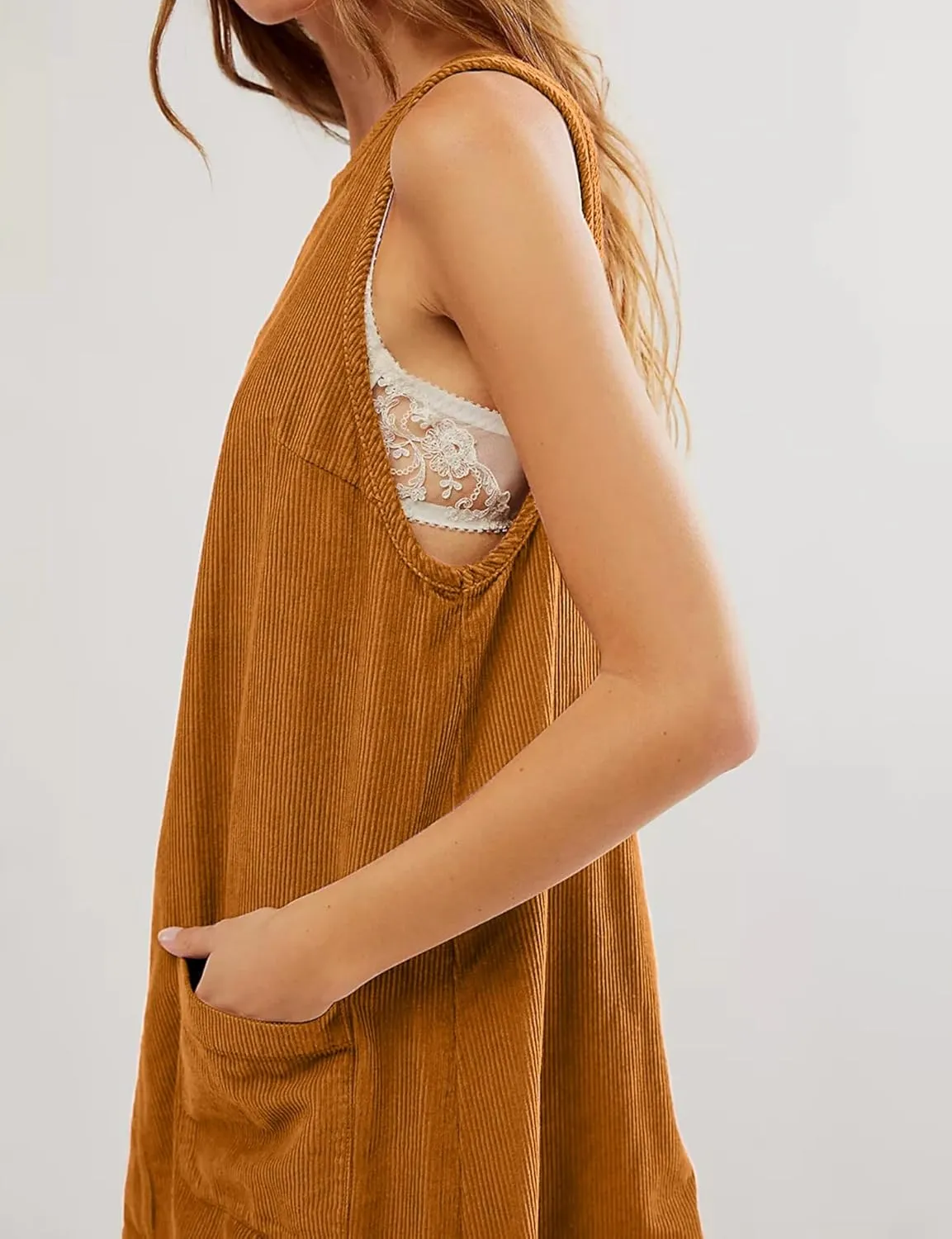 TBA Corduroy Overall Dress for Women Round Neck Skirtall Jumper A Line Mini Romper Pinafore with Pockets