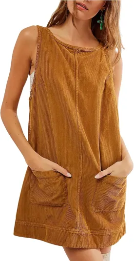 TBA Corduroy Overall Dress for Women Round Neck Skirtall Jumper A Line Mini Romper Pinafore with Pockets