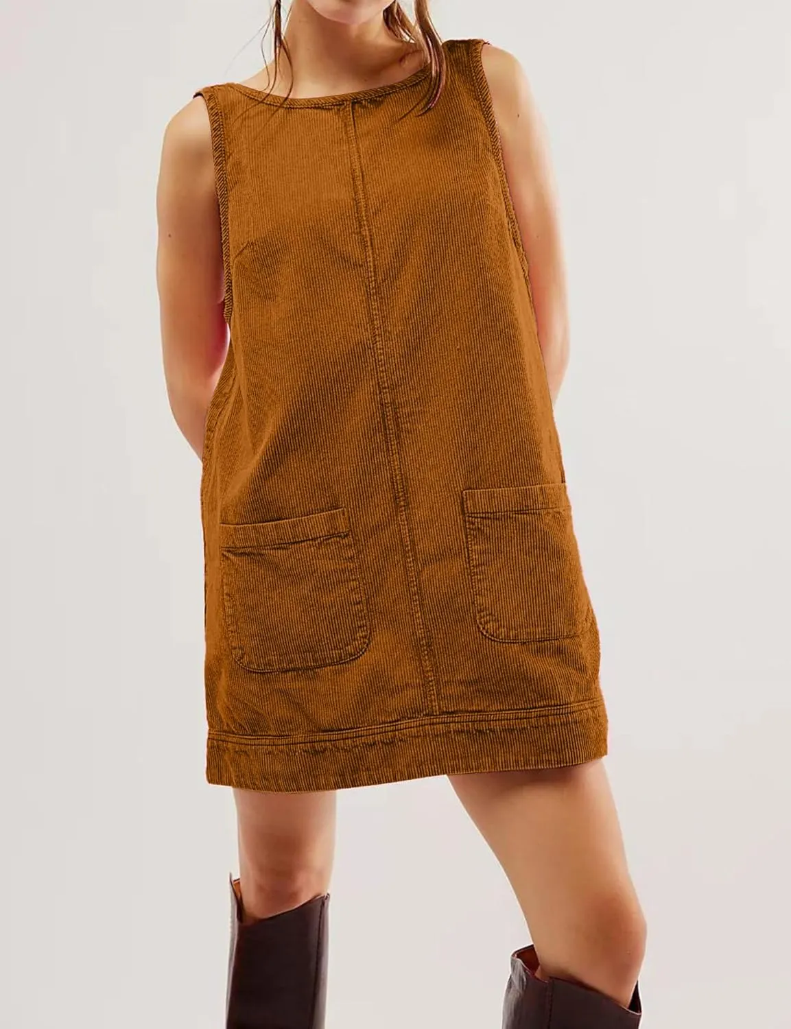 TBA Corduroy Overall Dress for Women Round Neck Skirtall Jumper A Line Mini Romper Pinafore with Pockets