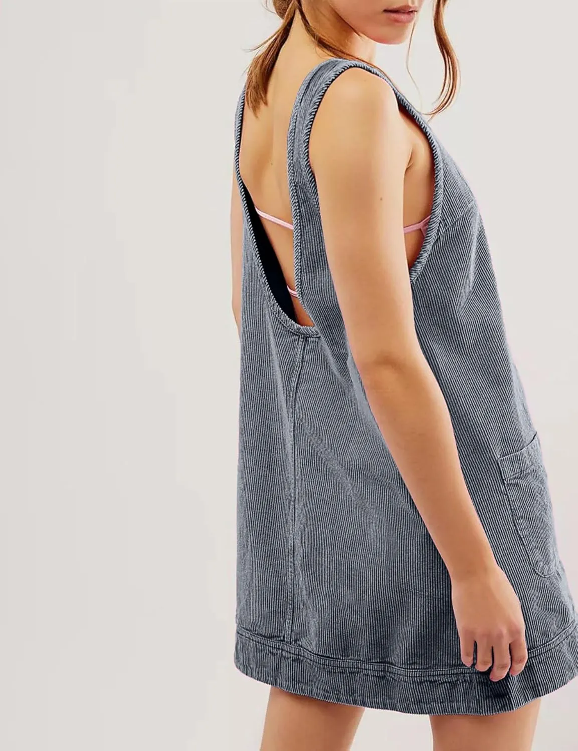 TBA Corduroy Overall Dress for Women Round Neck Skirtall Jumper A Line Mini Romper Pinafore with Pockets