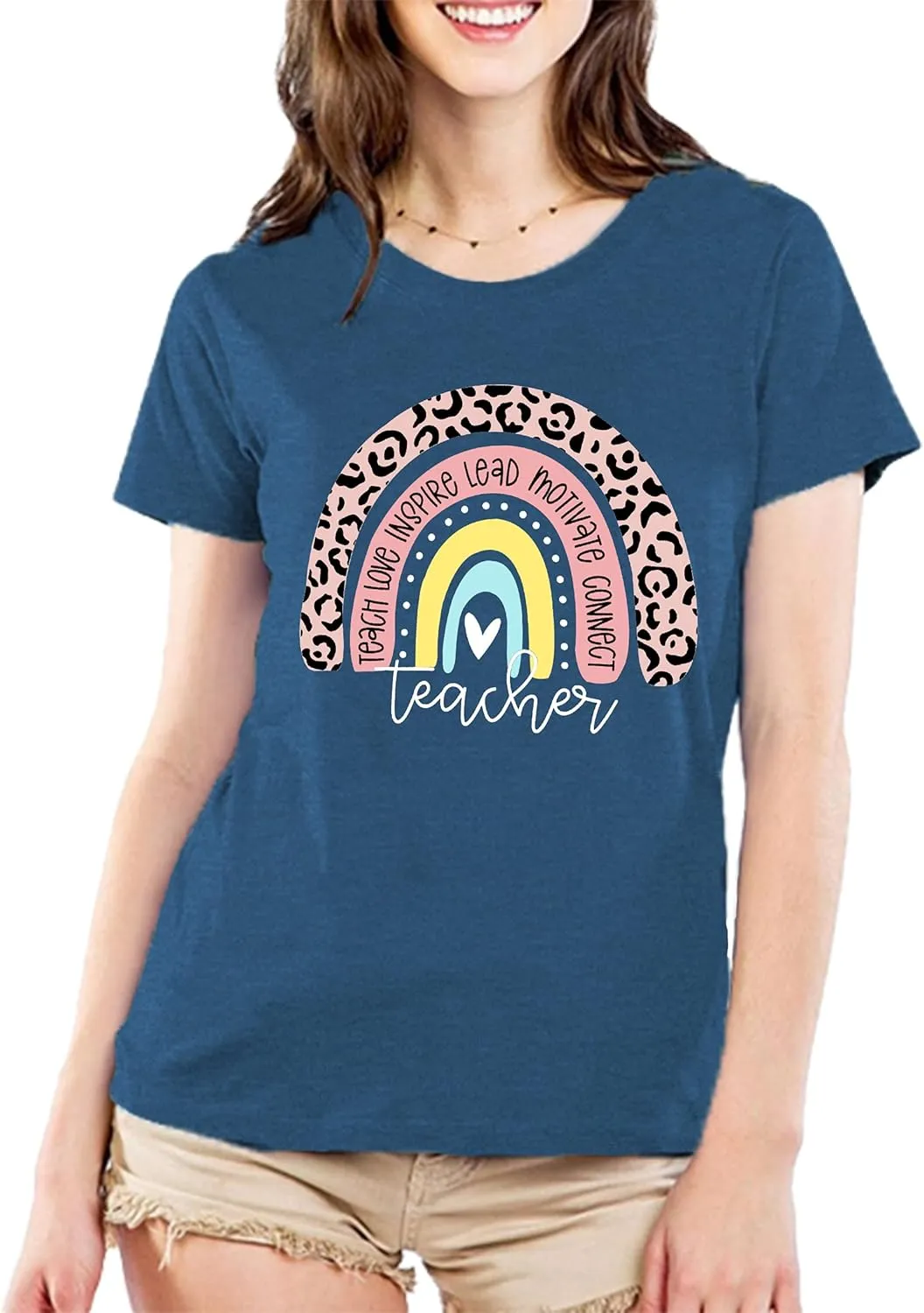 Teacher Shirt for Women Teach Rainbow Leopard Graphic Tee Tops Teachers Gift Teach Inspire T Shirt