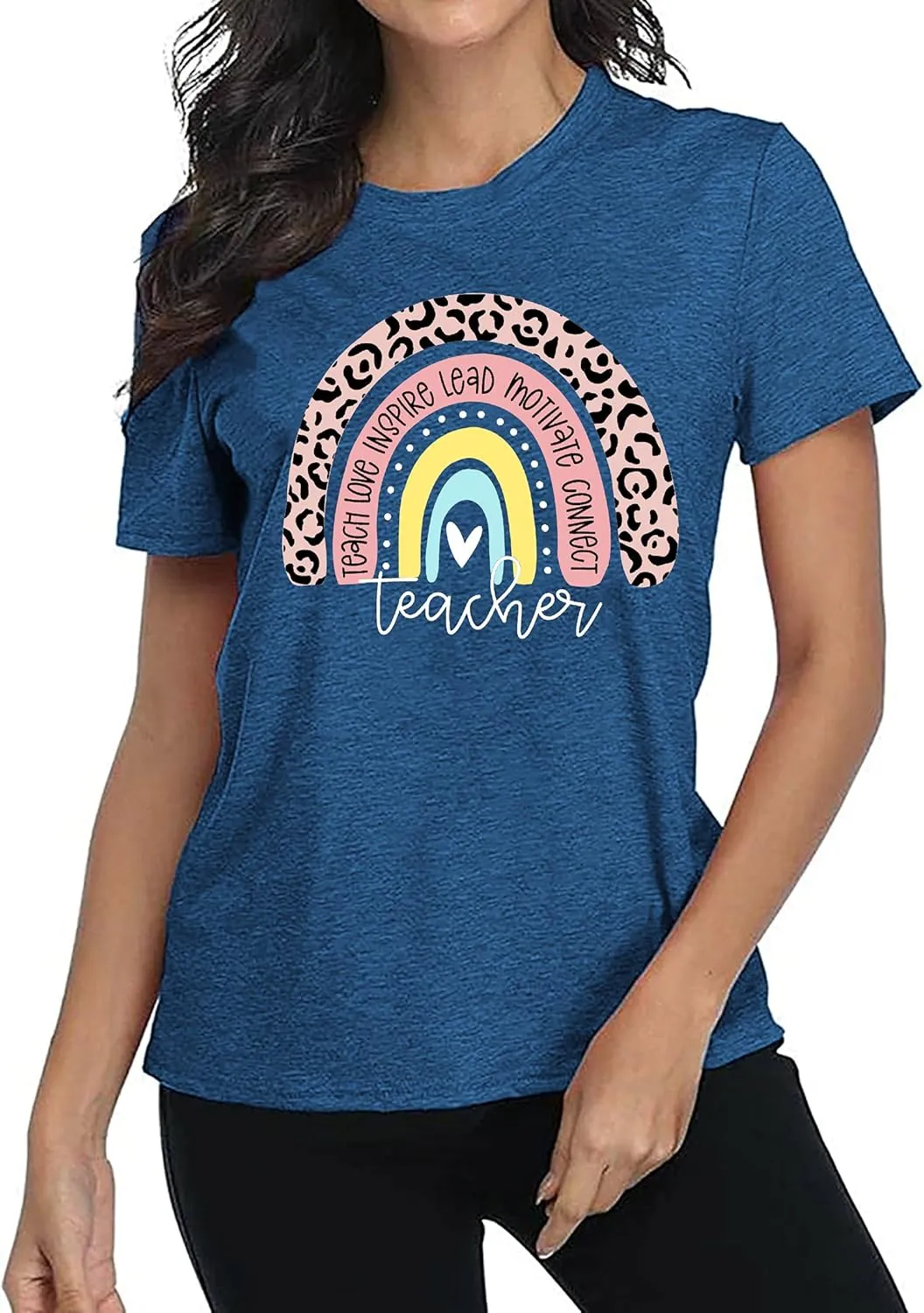 Teacher Shirt for Women Teach Rainbow Leopard Graphic Tee Tops Teachers Gift Teach Inspire T Shirt