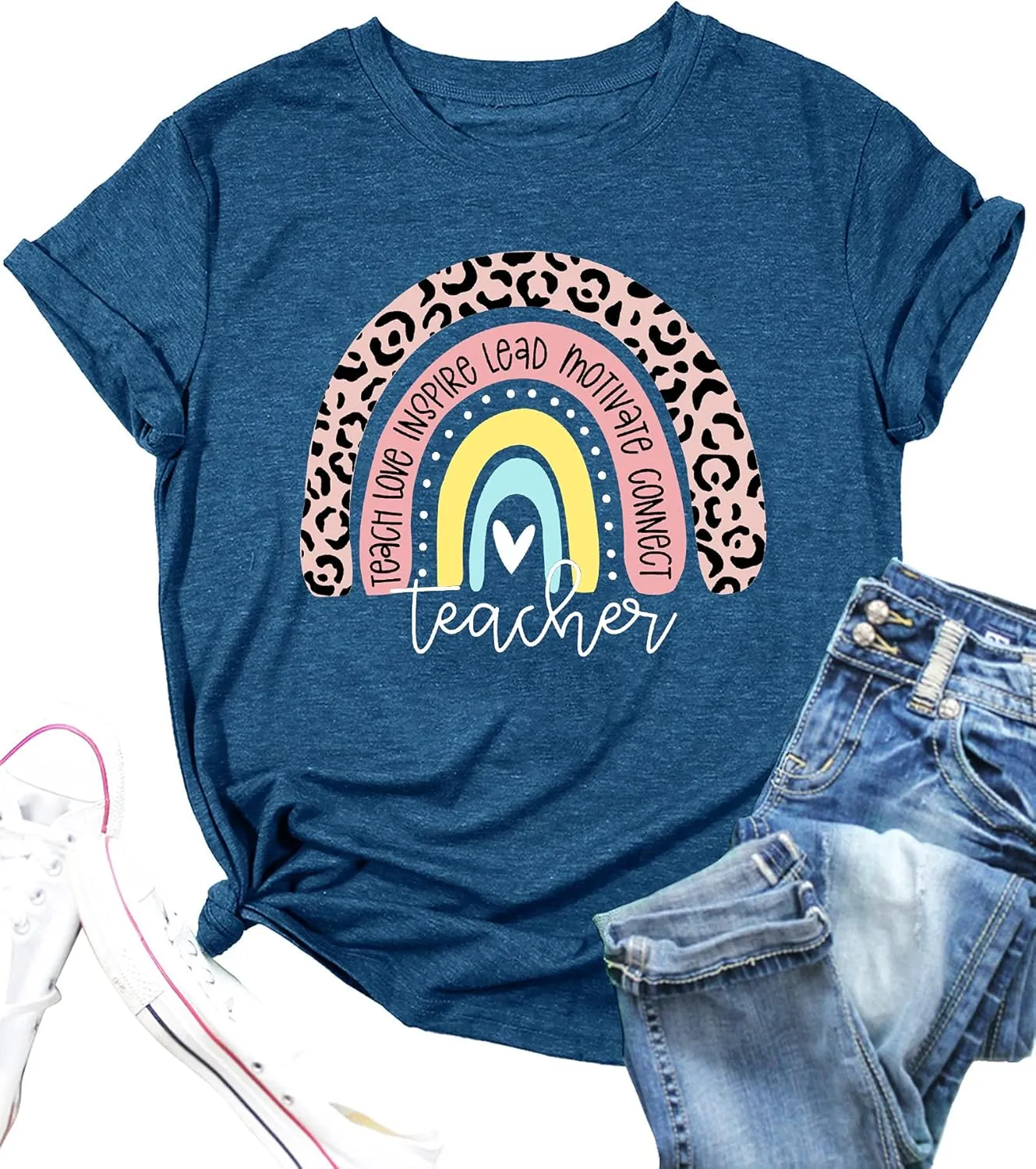 Teacher Shirt for Women Teach Rainbow Leopard Graphic Tee Tops Teachers Gift Teach Inspire T Shirt