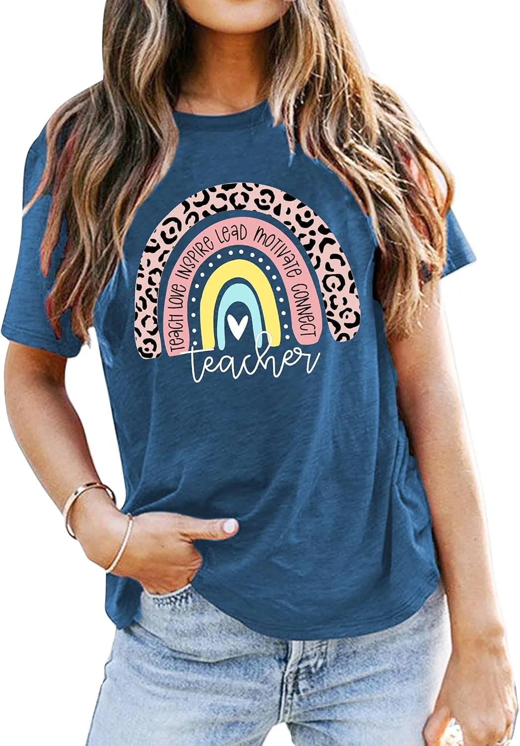 Teacher Shirt for Women Teach Rainbow Leopard Graphic Tee Tops Teachers Gift Teach Inspire T Shirt