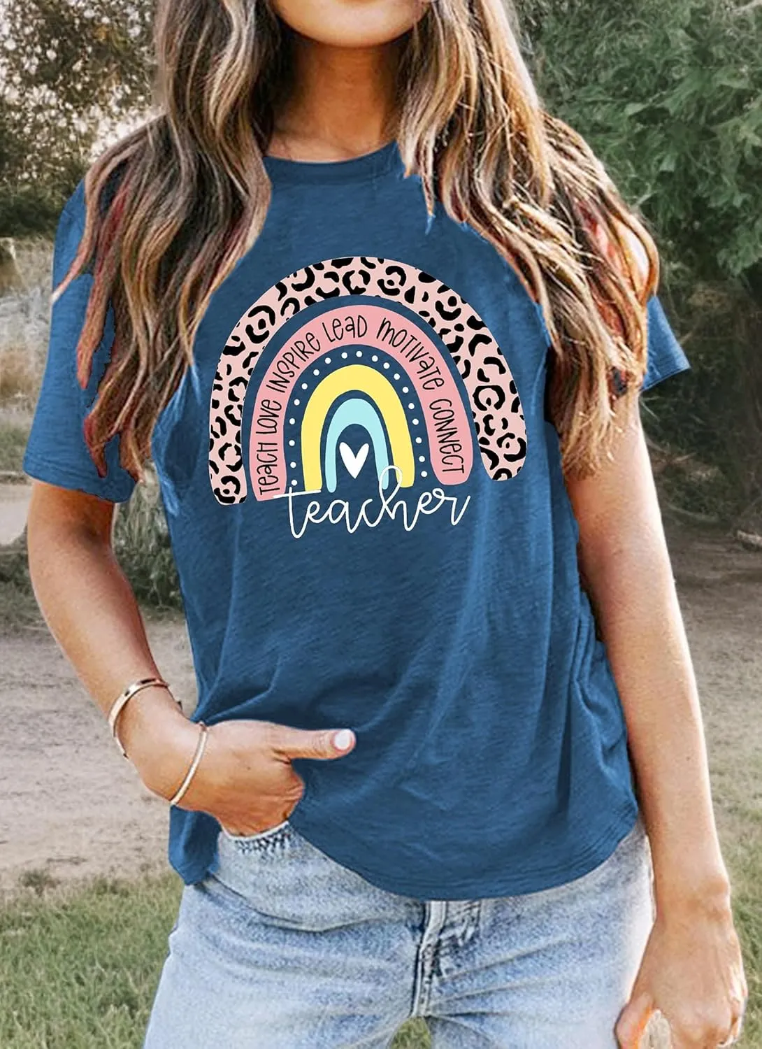 Teacher Shirt for Women Teach Rainbow Leopard Graphic Tee Tops Teachers Gift Teach Inspire T Shirt