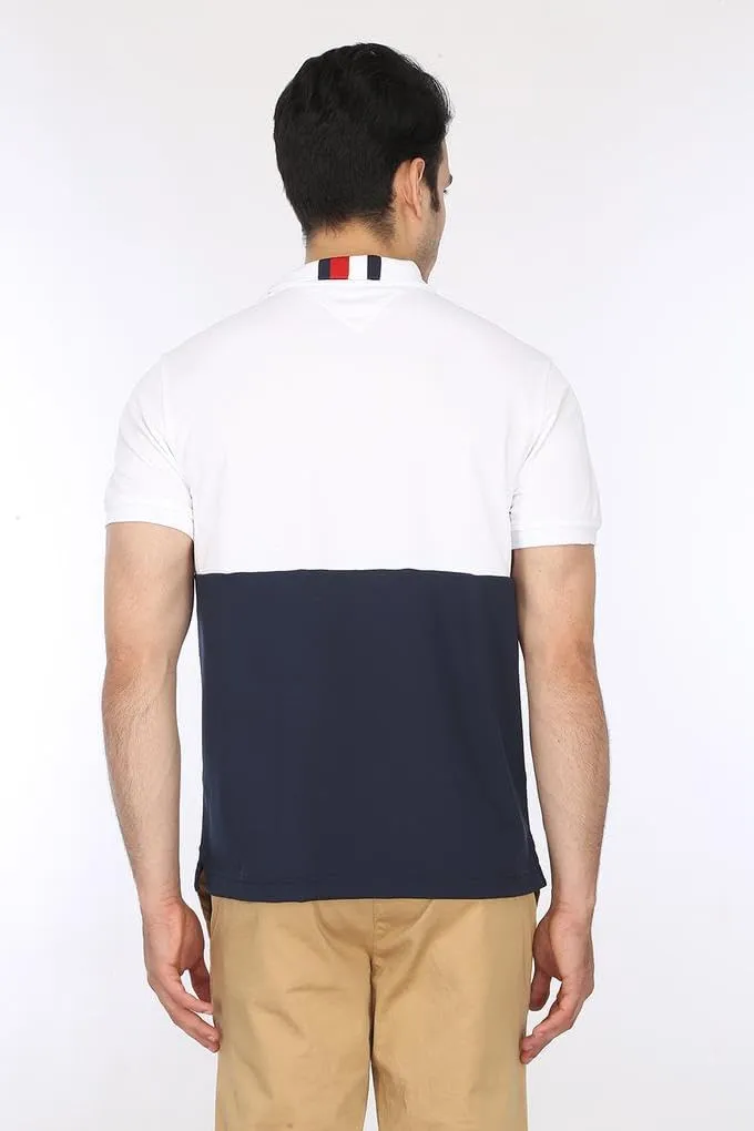 Tommy Hilfiger Men's Short Sleeve Moisture Wicking Stretch Polo Shirt with Quick Dry   UV Protection,White-Navy Colorblock,SM