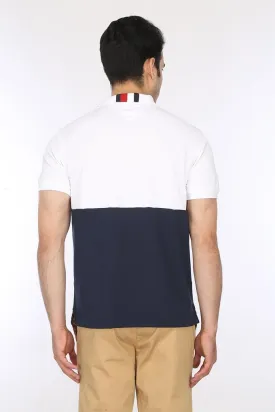 Tommy Hilfiger Men's Short Sleeve Moisture Wicking Stretch Polo Shirt with Quick Dry   UV Protection,White-Navy Colorblock,SM