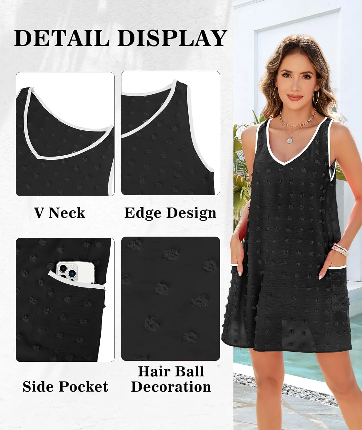 Urchics Swimsuit Coverup for Women 2025 Summer Beach Bathing Suit Cover Up Swiss Dot Sleeveless V Neck Tank Mini Sun Dress