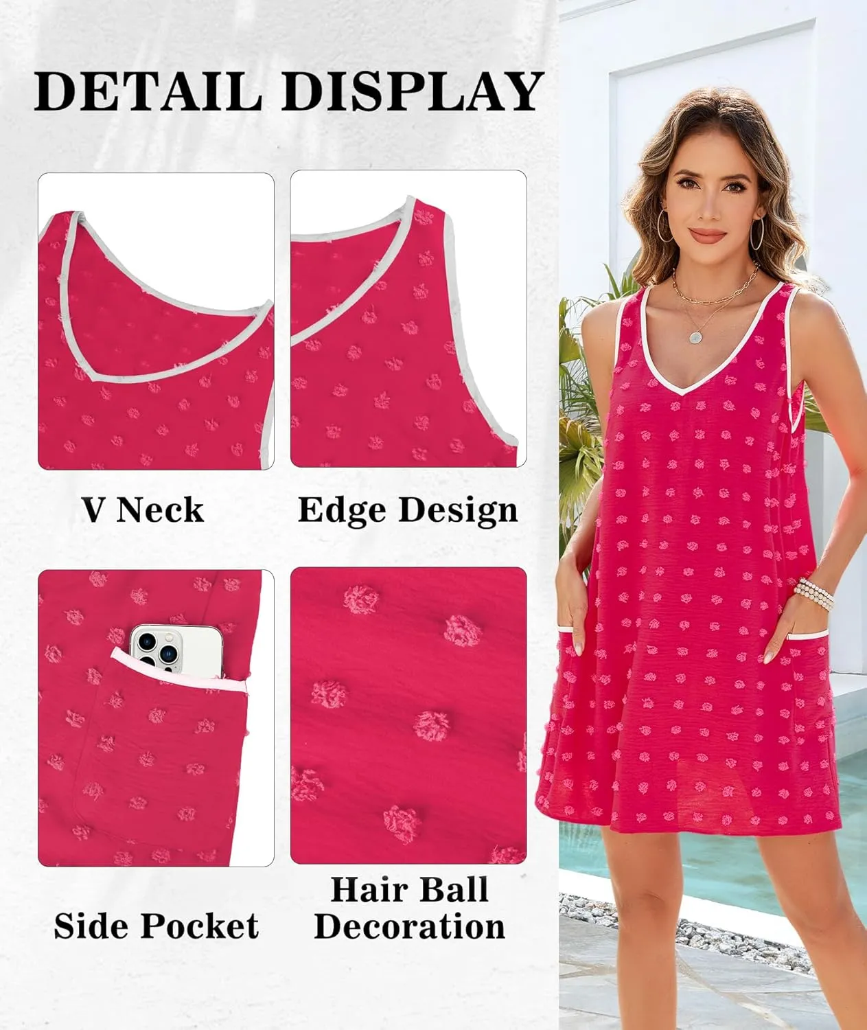 Urchics Swimsuit Coverup for Women 2025 Summer Beach Bathing Suit Cover Up Swiss Dot Sleeveless V Neck Tank Mini Sun Dress