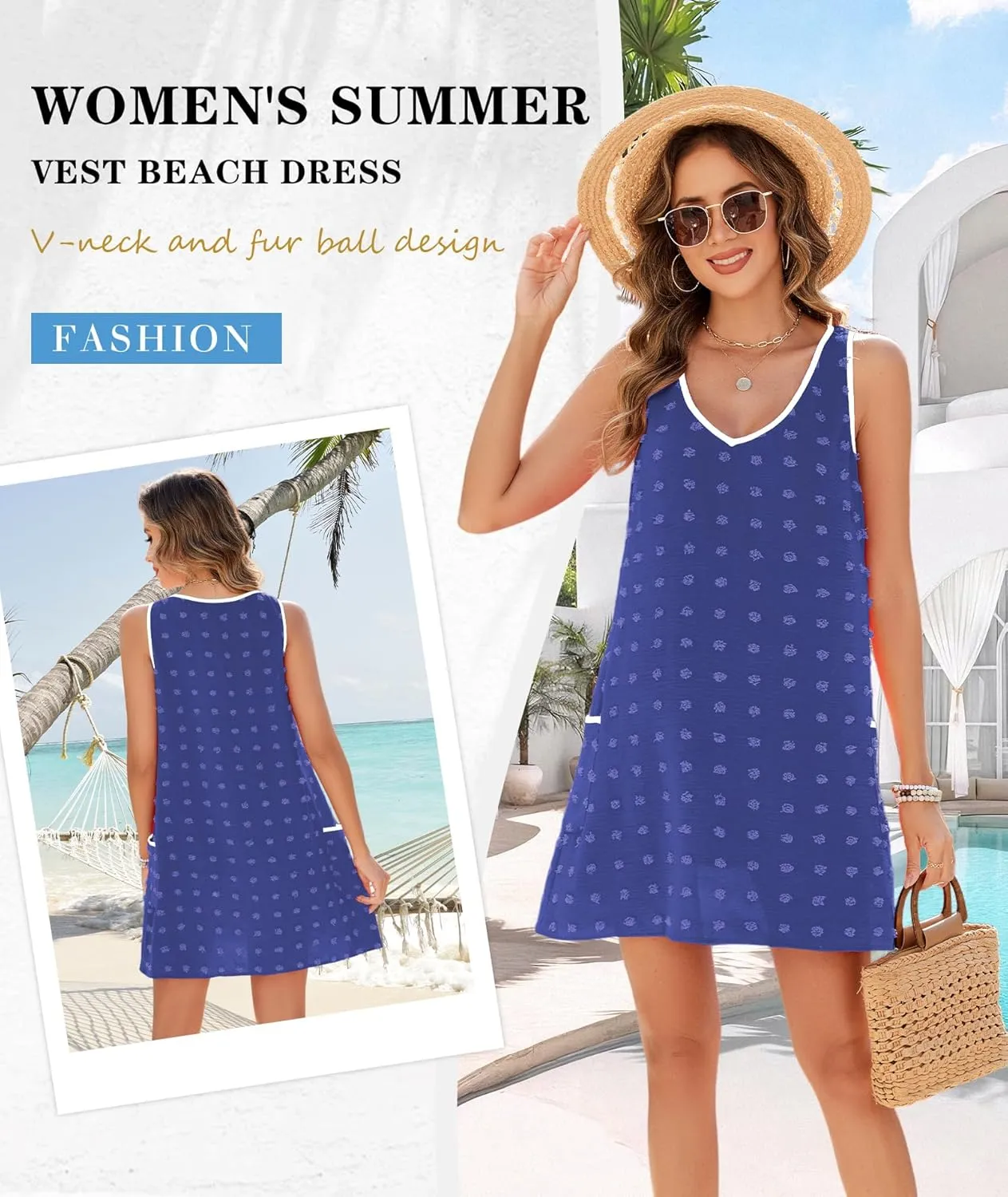 Urchics Swimsuit Coverup for Women 2025 Summer Beach Bathing Suit Cover Up Swiss Dot Sleeveless V Neck Tank Mini Sun Dress