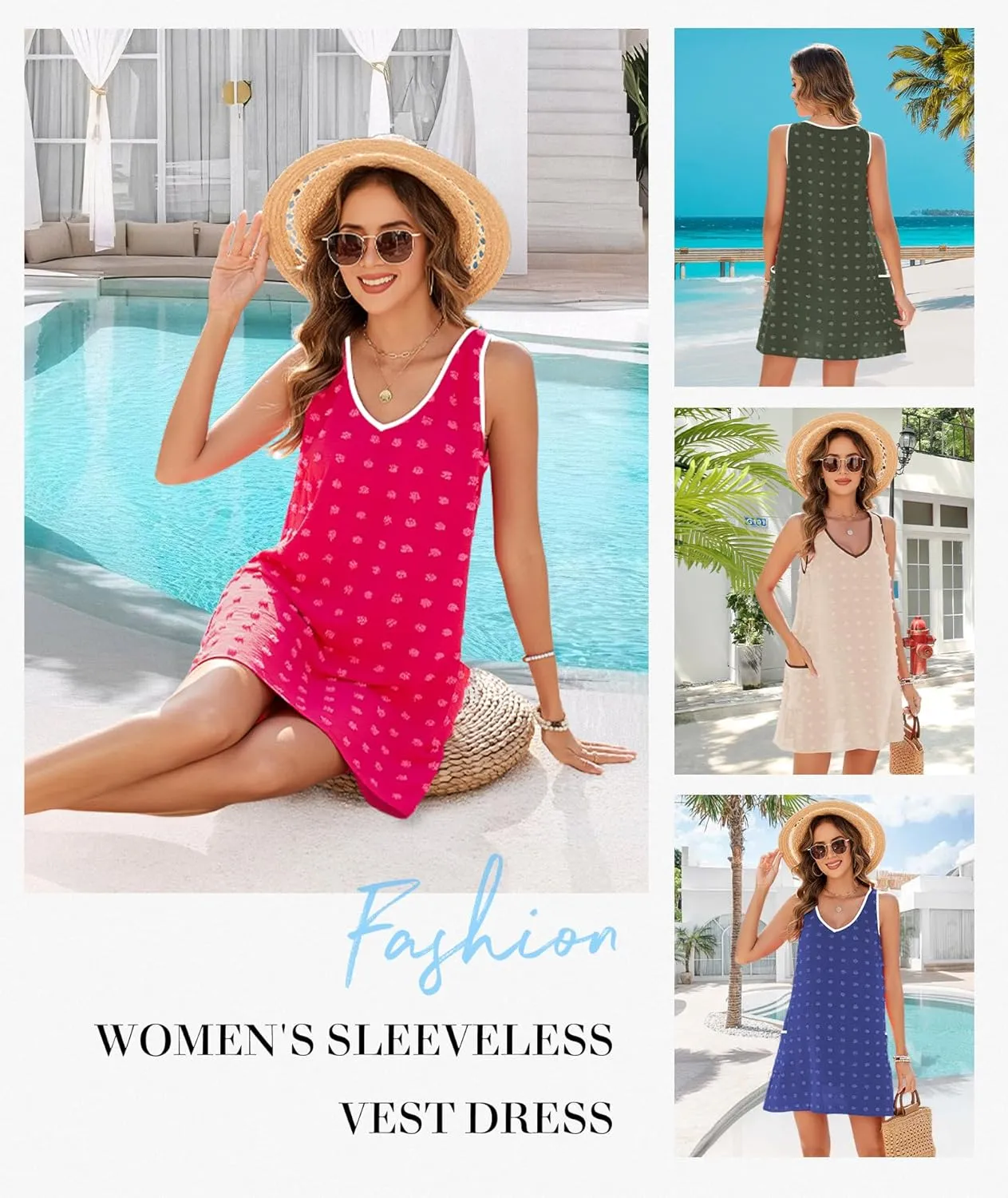 Urchics Swimsuit Coverup for Women 2025 Summer Beach Bathing Suit Cover Up Swiss Dot Sleeveless V Neck Tank Mini Sun Dress