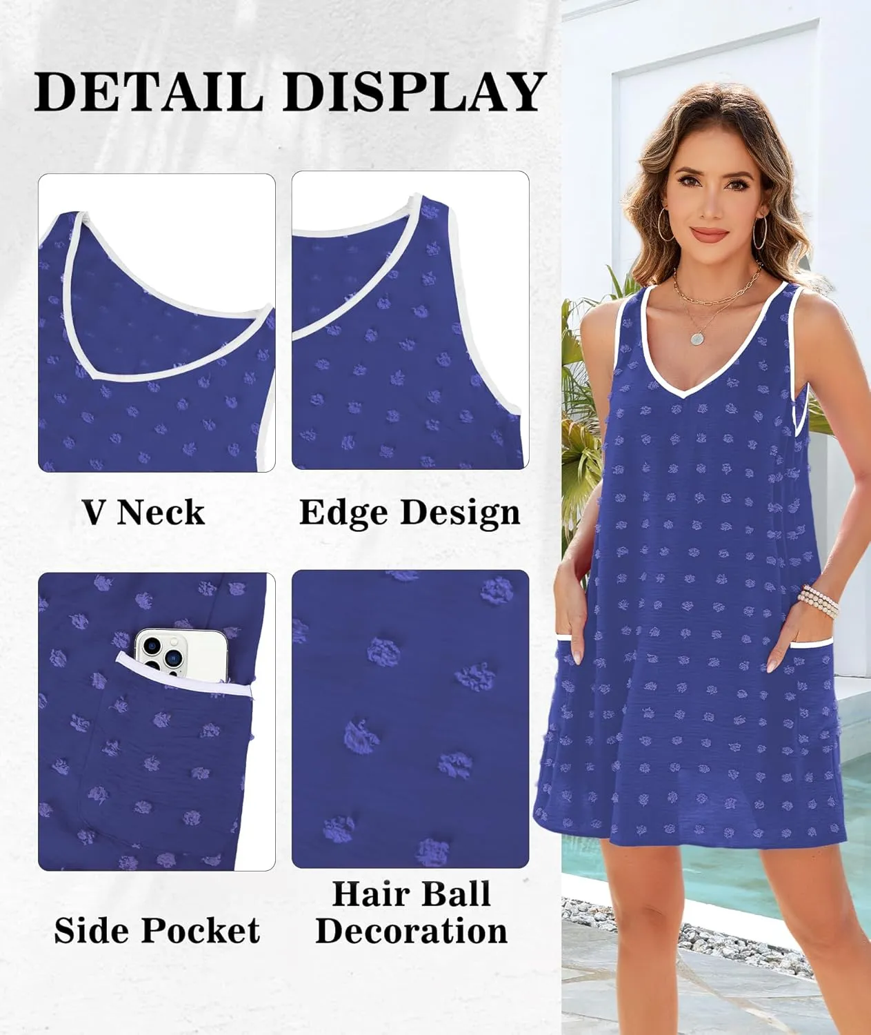 Urchics Swimsuit Coverup for Women 2025 Summer Beach Bathing Suit Cover Up Swiss Dot Sleeveless V Neck Tank Mini Sun Dress