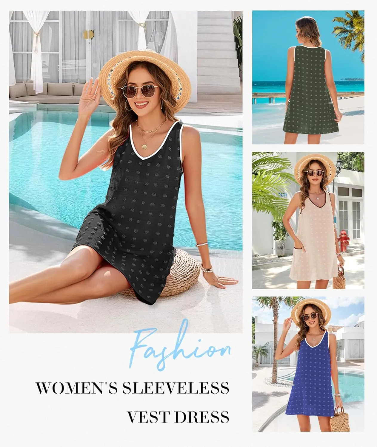 Urchics Swimsuit Coverup for Women 2025 Summer Beach Bathing Suit Cover Up Swiss Dot Sleeveless V Neck Tank Mini Sun Dress