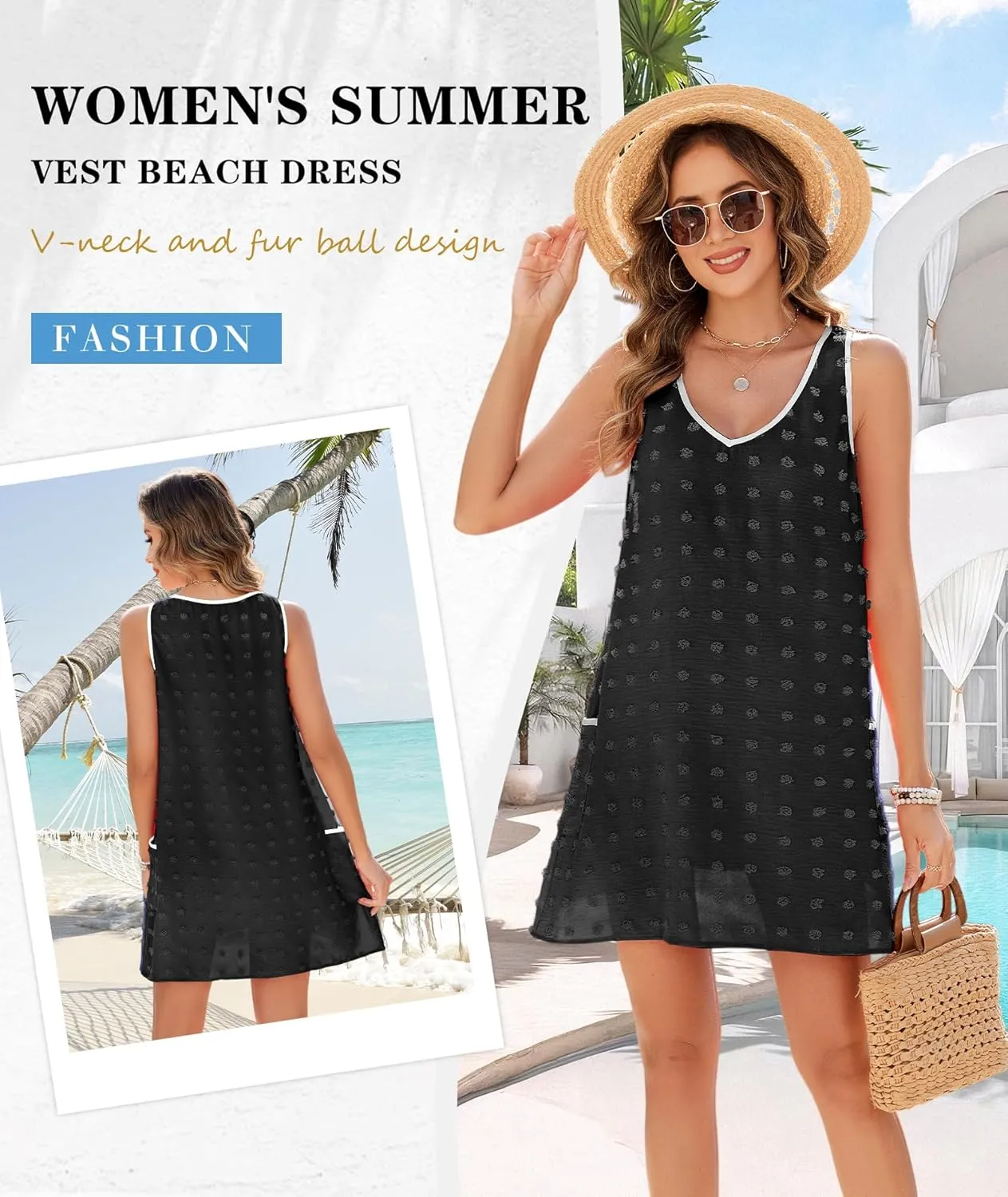 Urchics Swimsuit Coverup for Women 2025 Summer Beach Bathing Suit Cover Up Swiss Dot Sleeveless V Neck Tank Mini Sun Dress