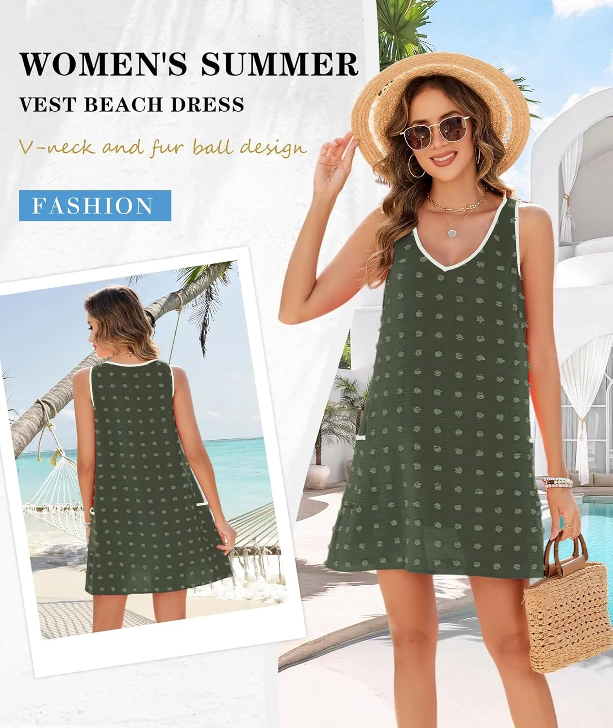 Urchics Swimsuit Coverup for Women 2025 Summer Beach Bathing Suit Cover Up Swiss Dot Sleeveless V Neck Tank Mini Sun Dress