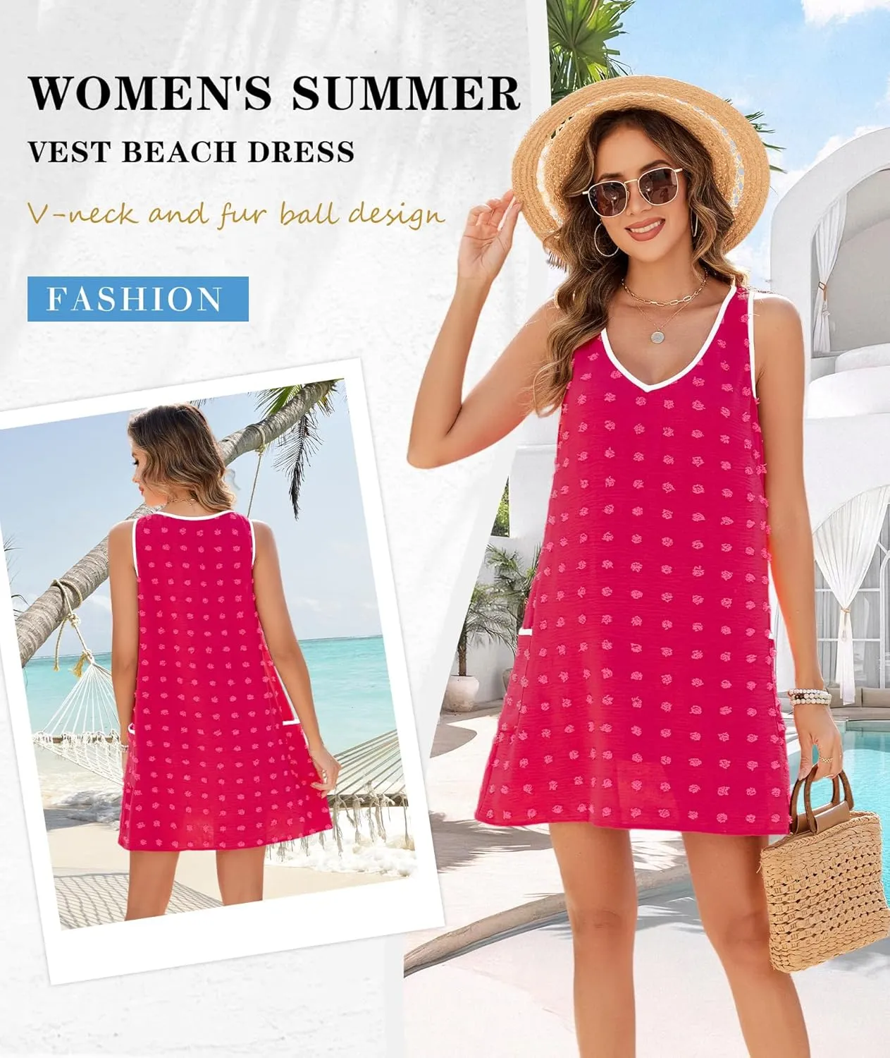 Urchics Swimsuit Coverup for Women 2025 Summer Beach Bathing Suit Cover Up Swiss Dot Sleeveless V Neck Tank Mini Sun Dress