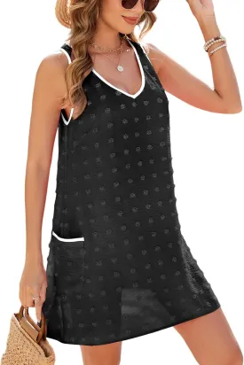 Urchics Swimsuit Coverup for Women 2025 Summer Beach Bathing Suit Cover Up Swiss Dot Sleeveless V Neck Tank Mini Sun Dress