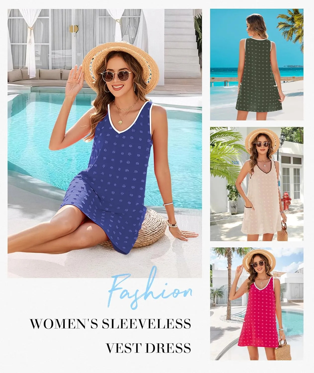 Urchics Swimsuit Coverup for Women 2025 Summer Beach Bathing Suit Cover Up Swiss Dot Sleeveless V Neck Tank Mini Sun Dress