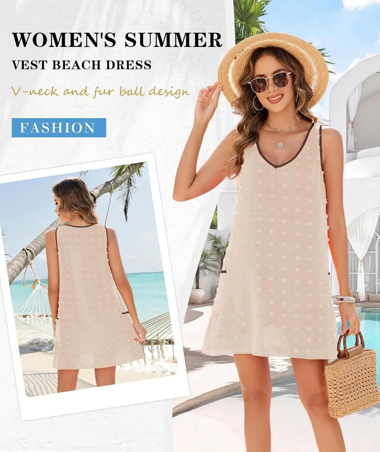 Urchics Swimsuit Coverup for Women 2025 Summer Beach Bathing Suit Cover Up Swiss Dot Sleeveless V Neck Tank Mini Sun Dress