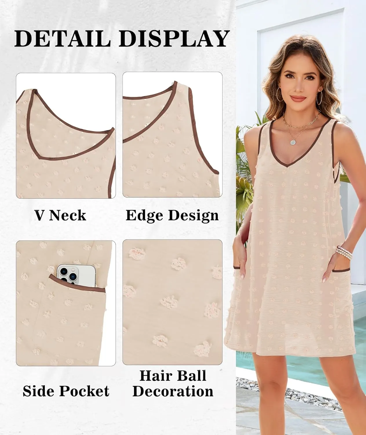 Urchics Swimsuit Coverup for Women 2025 Summer Beach Bathing Suit Cover Up Swiss Dot Sleeveless V Neck Tank Mini Sun Dress