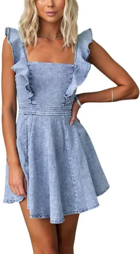 utcoco Denim Dress for Women Ruffle Adjustable Strap Sleeveless Backless Babydoll Mini Jean Dresses