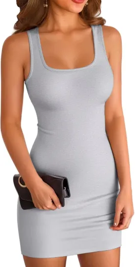 VICHYIE Womens Summer Tank Dresses Ribbed Bodycon Mini Sleeveless Casual Slim Fitted Pencil Dresses