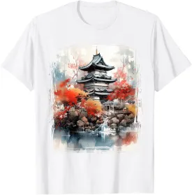 Vintage Japanese Flower Tee Mountain View Landscape Graphic T-Shirt