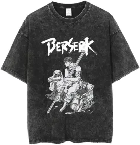 Vintage Washed Anime Graphic Short Sleeves T-Shirt, Black Cotton, Oversized Fit Streetwear, S-3XL