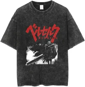 Vintage Washed Anime Graphic Short Sleeves T-Shirt, Black Cotton, Oversized Fit Streetwear, S-3XL