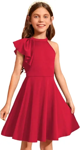 WDIRARA Girl's A Line Flowy Ruffle Sleeveless Asymmetrical Fancy Party Mini Dress