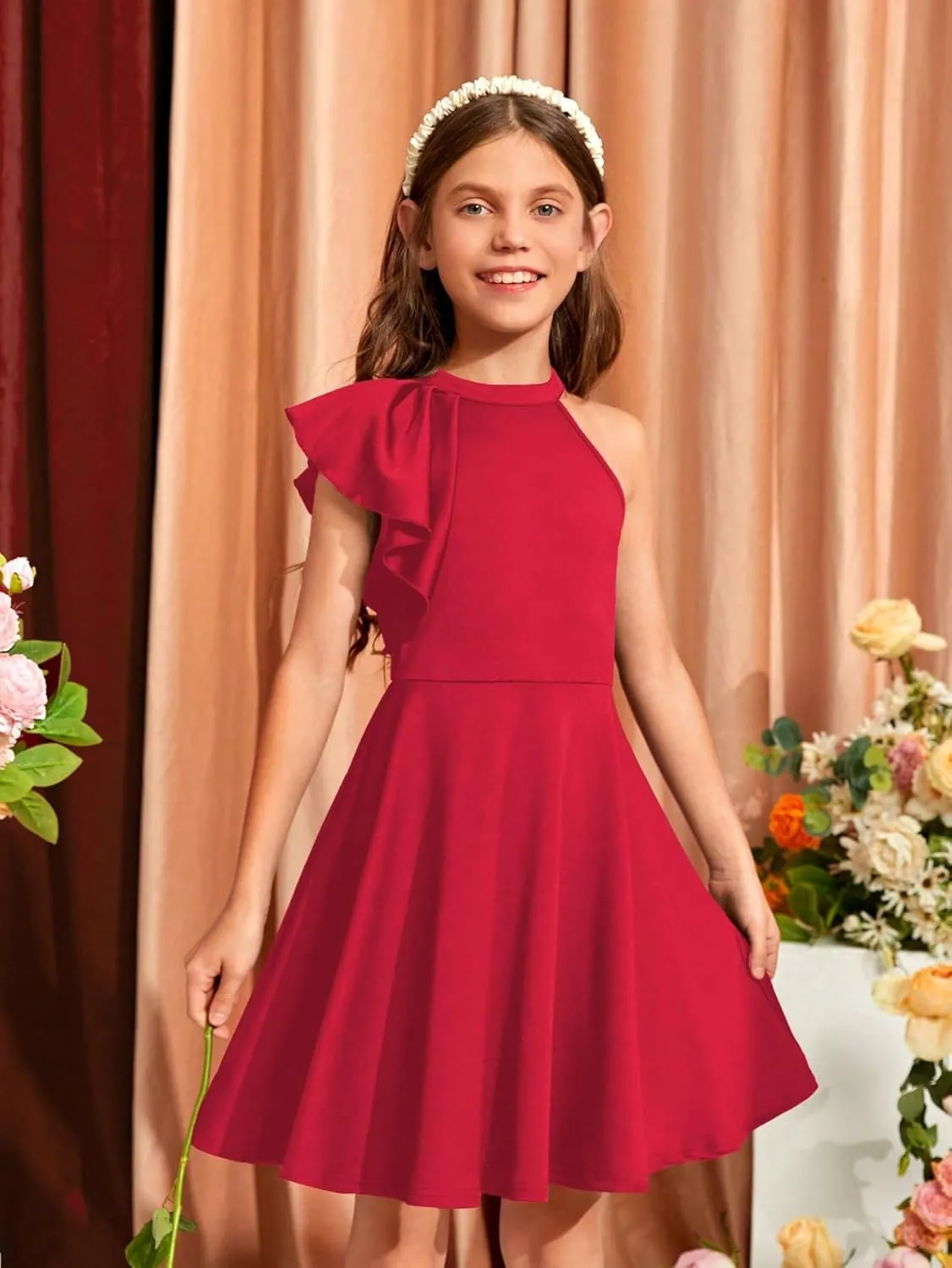 WDIRARA Girl's A Line Flowy Ruffle Sleeveless Asymmetrical Fancy Party Mini Dress