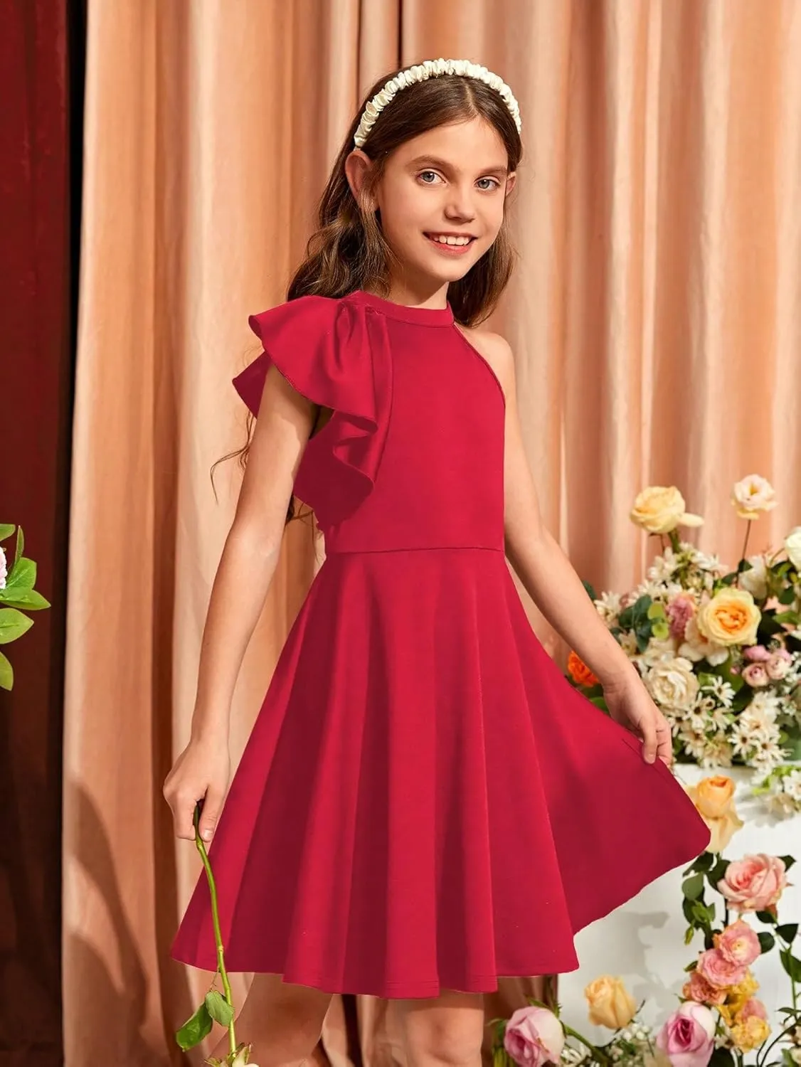 WDIRARA Girl's A Line Flowy Ruffle Sleeveless Asymmetrical Fancy Party Mini Dress